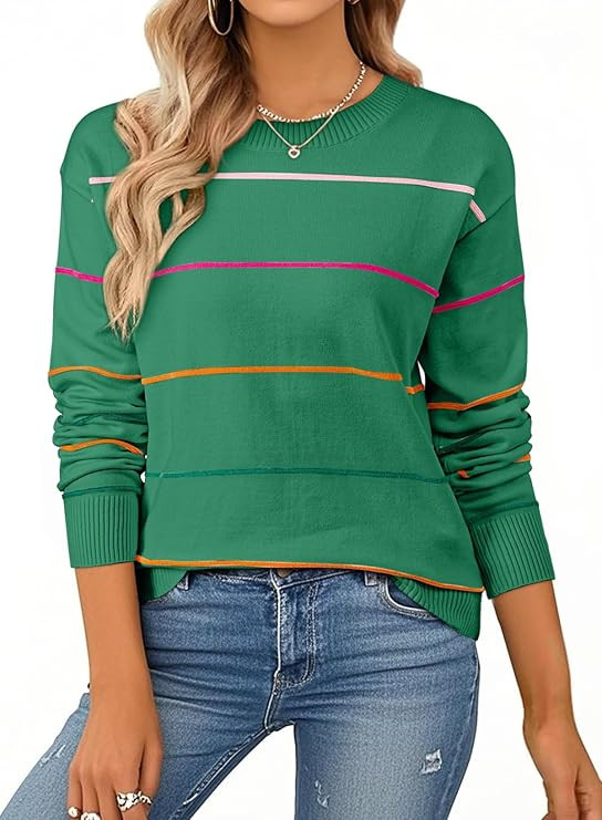 SHEWIN Womens Sweaters Crew Neck Knit Long Sleeve Striped Sweater Fall Outfits for Women 2025 | Amazon (US)