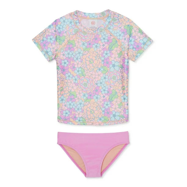 Wonder Nation Girls Rash Guard and Bikini Bottoms Swimsuit with UPF 50, 2-Piece, Sizes 4-18 & Plu... | Walmart (US)