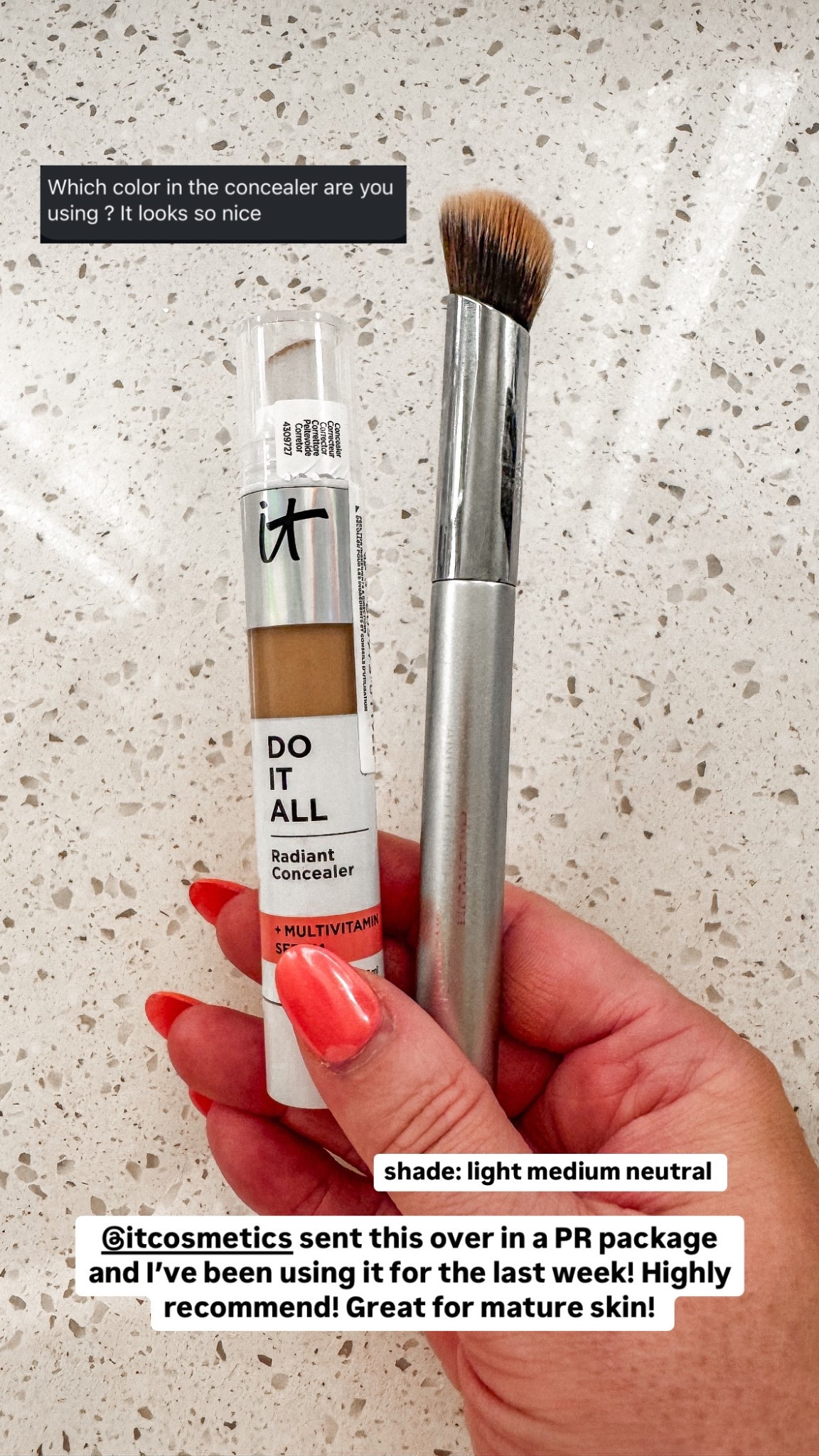 Shade light medium neutral in It Cosmetics serum concealer 
Works great on mature skin! A little goes a long way, and the brush is awesome too! 

#LTKOver40 #LTKBeauty #LTKFindsUnder50