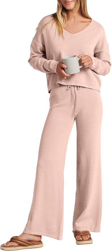 ANRABESS Women’s Two Piece Outfits Long Sleeve V Neck Crop Top with High Waist Wide Leg Pants S... | Amazon (US)