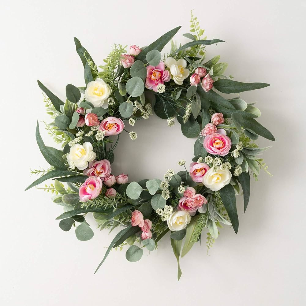 Sullivans Spring Wreaths for Front Door, Ranunculus Mini Blossom Flower Wreath 24" Artificial Pin... | Amazon (US)