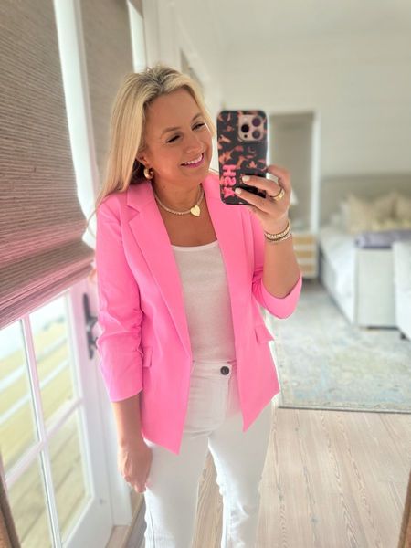 The most perfect pink blazer in the world. It is spring perfection. Wearing a size small. True to size. Jeans are a size 4. Use code FANCY15 to save 15%

#LTKSeasonal #LTKstyletip #LTKsalealert