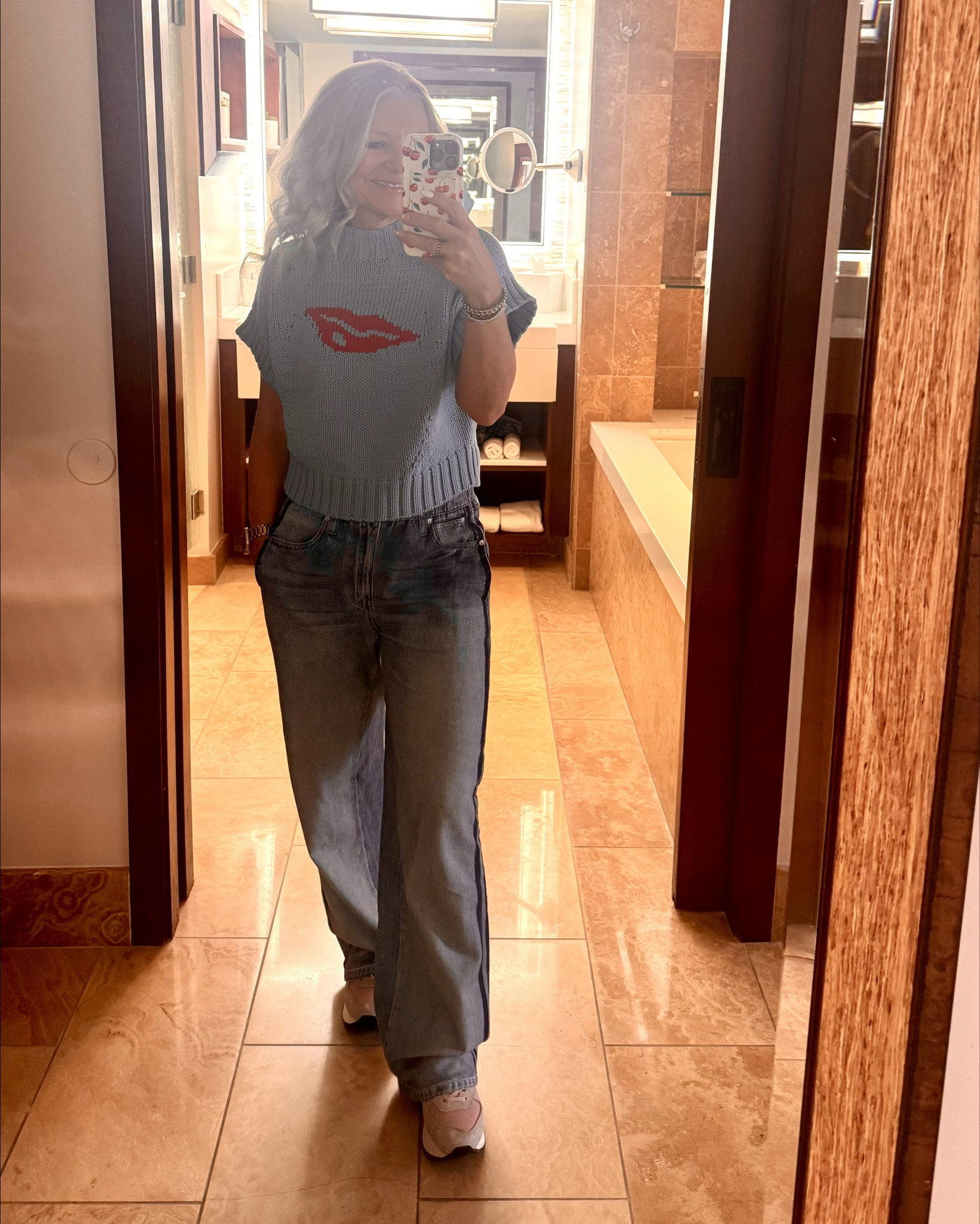 Perfect travel day fit! Comfy Rag & Bone track pant denim and Maeve sweater. Sweater is a great choice for a Valentine’s Day look also! 

#LTKTravel #LTKOver40 #LTKootd