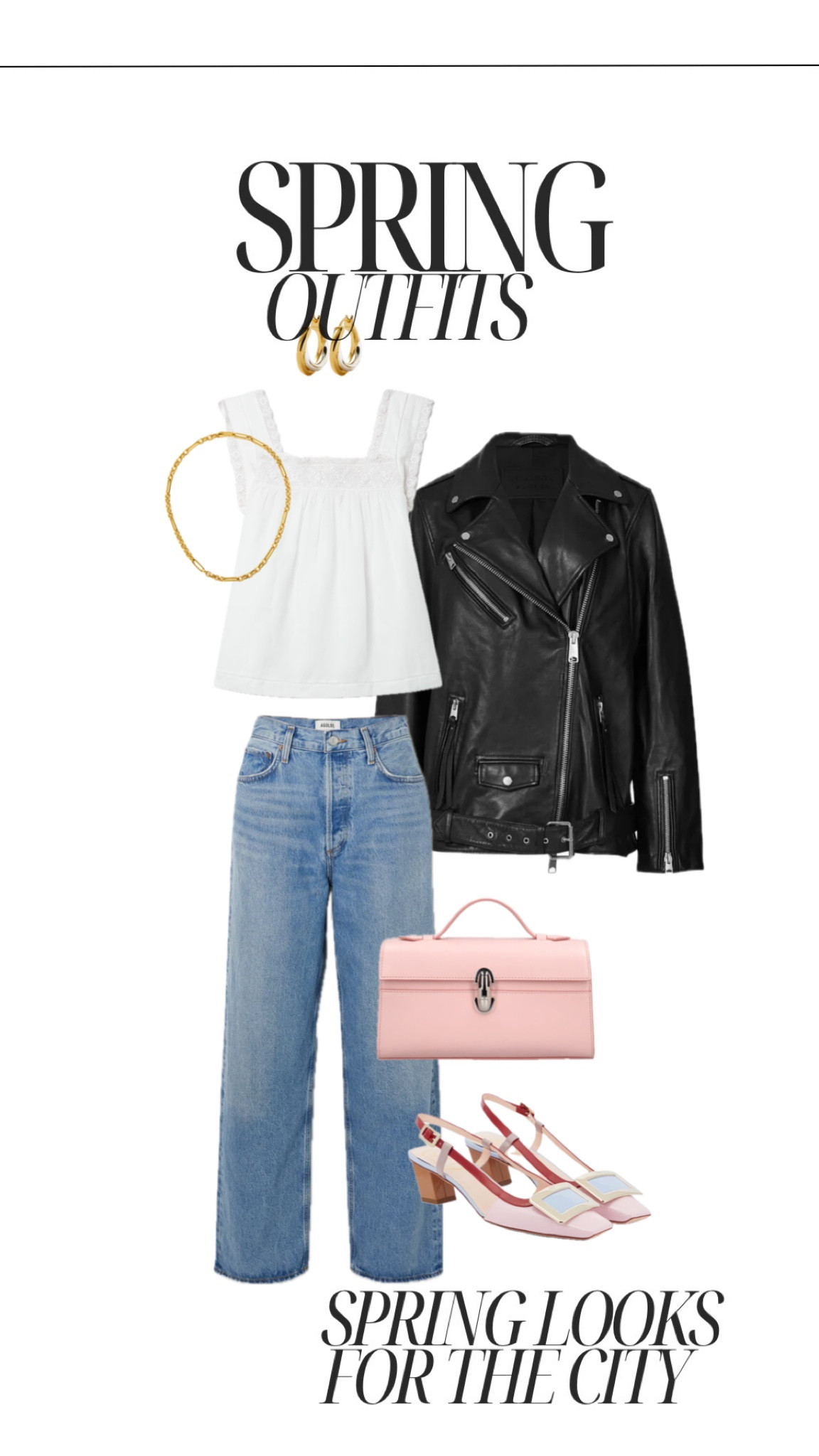 Spring in the city look 
Oversized biker jacket 
Doen top 
Baggy jeans 
Savette bag 
Chunky gold chain 

#LTKeurope #LTKshoecrush #LTKstyletip