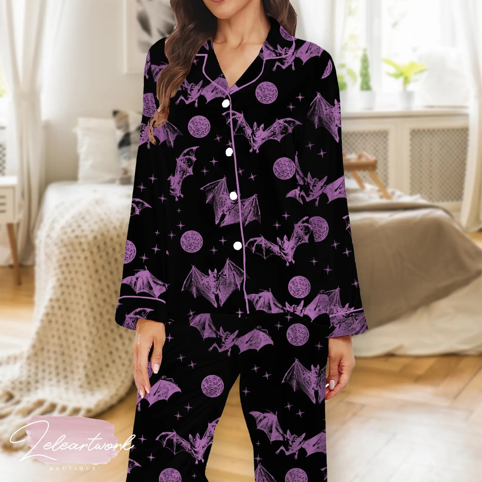 Halloween Bats Pajama Set – Spooky Gothic Sleepwear with Purple Bat & Moon Print, Cozy Button-U... | Etsy (Global)