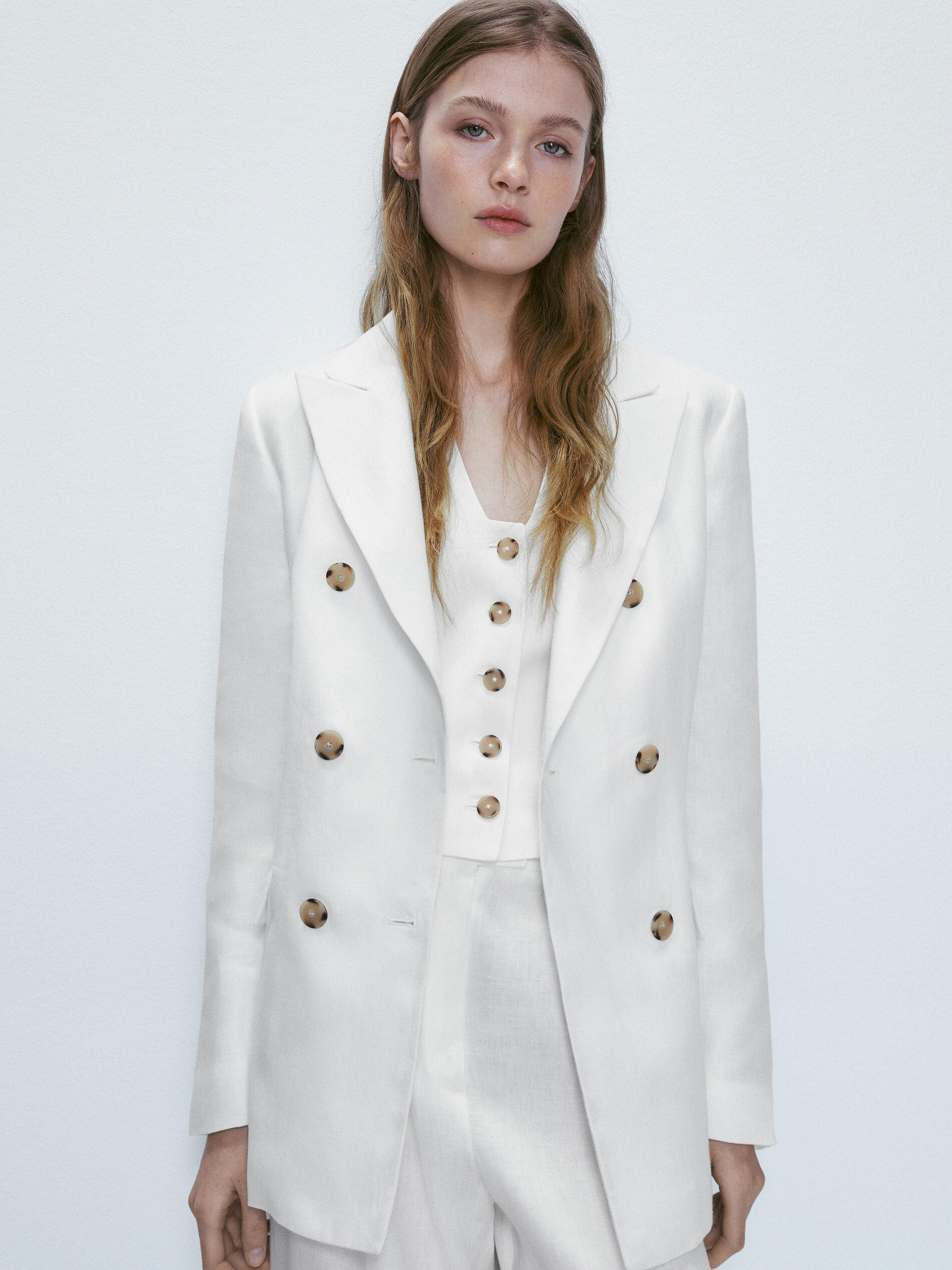 Double-breasted 100% linen suit blazer | Massimo Dutti US