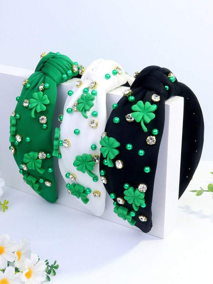 1pc Women's Green Four-Leaf Clover Saint Patrick's Day Elegant Crystal-Decor Polyester Knotted He... | SHEIN
