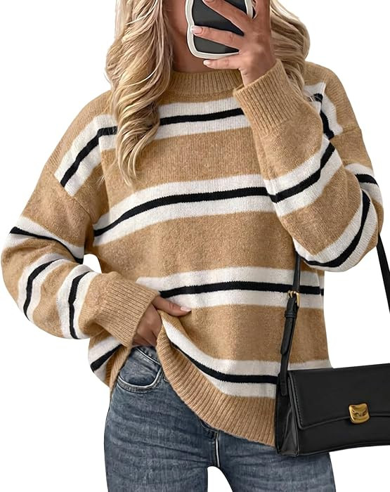 Cicy Bell Womens Striped Pullover Sweater Color Block Casual Loose Knit Top | Amazon (US)
