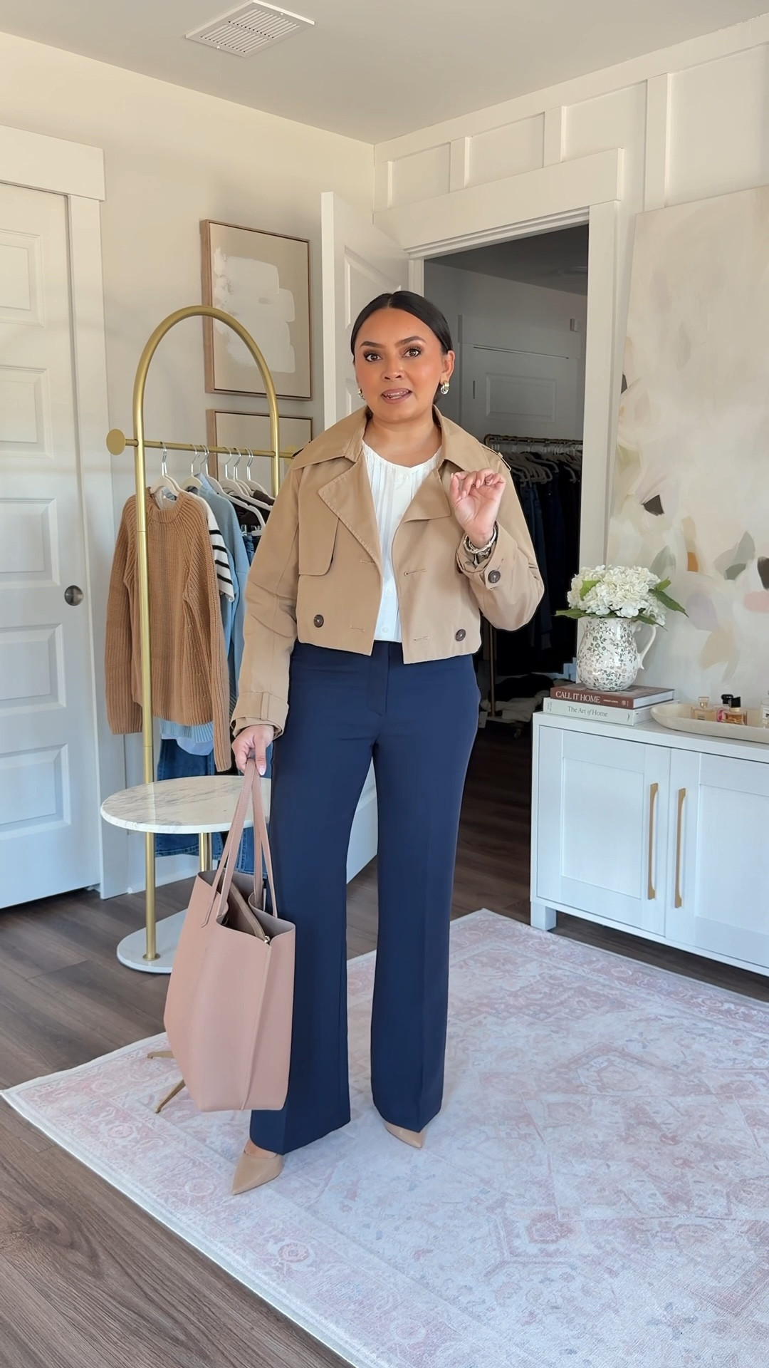 Cropped trench jacket size xxs regular TTS - sleeves are a little long on me so I cuff them in 
White top size xs TTS
Navy night sky wide leg pants size 2 petite TTS

#LTKWorkwear #LTKSaleAlert #LTKPetite
