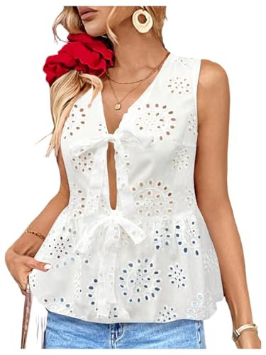 MakeMeChic Women's Boho Top Bow Tie Front Blouse Eyelet Embroidery V Neck Shirt Ruffle Hem Sleeveless Summer Tops White Large | Amazon (US)