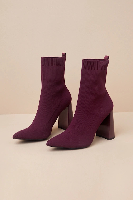 Feliciaa Wine Ribbed Knit Pointed-Toe Sock Boots | Lulus