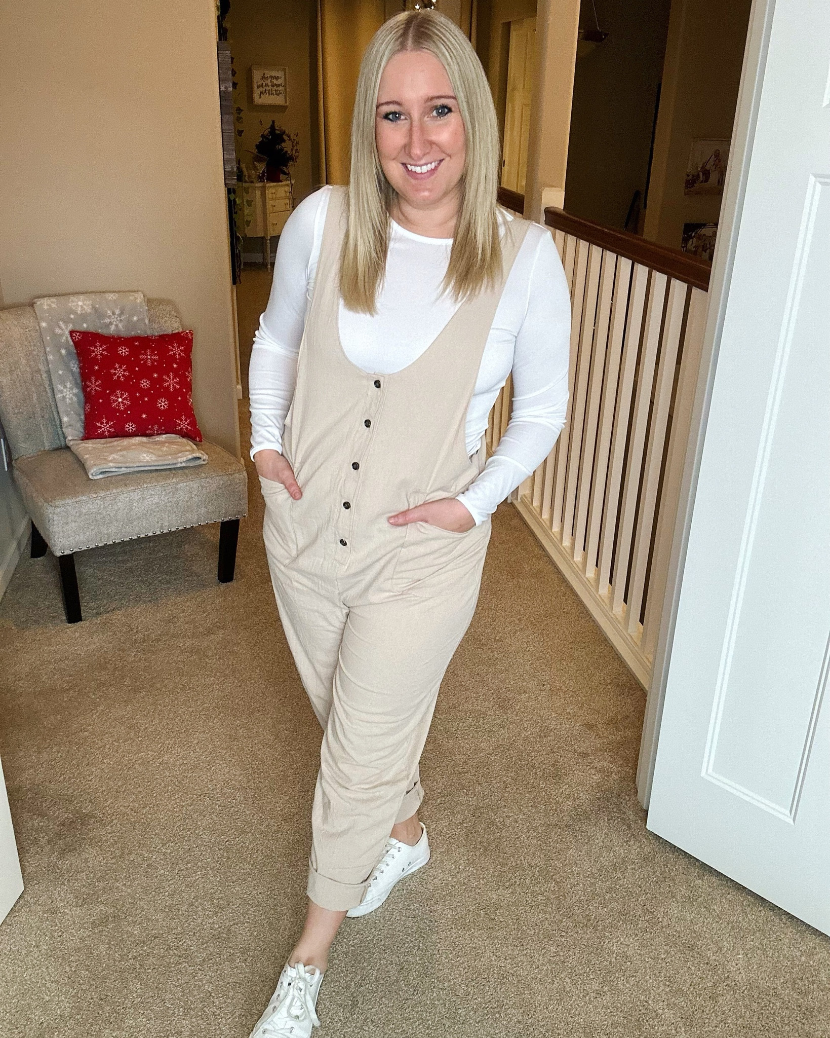 The perfect busy mom go-to comfy outfit! I love these overalls and the tan and white together is perfect! These cuddl dud shirts are so soft and comfortable, but a body suit would be great underneath as well! 

#LTKstyletip #LTKSeasonal