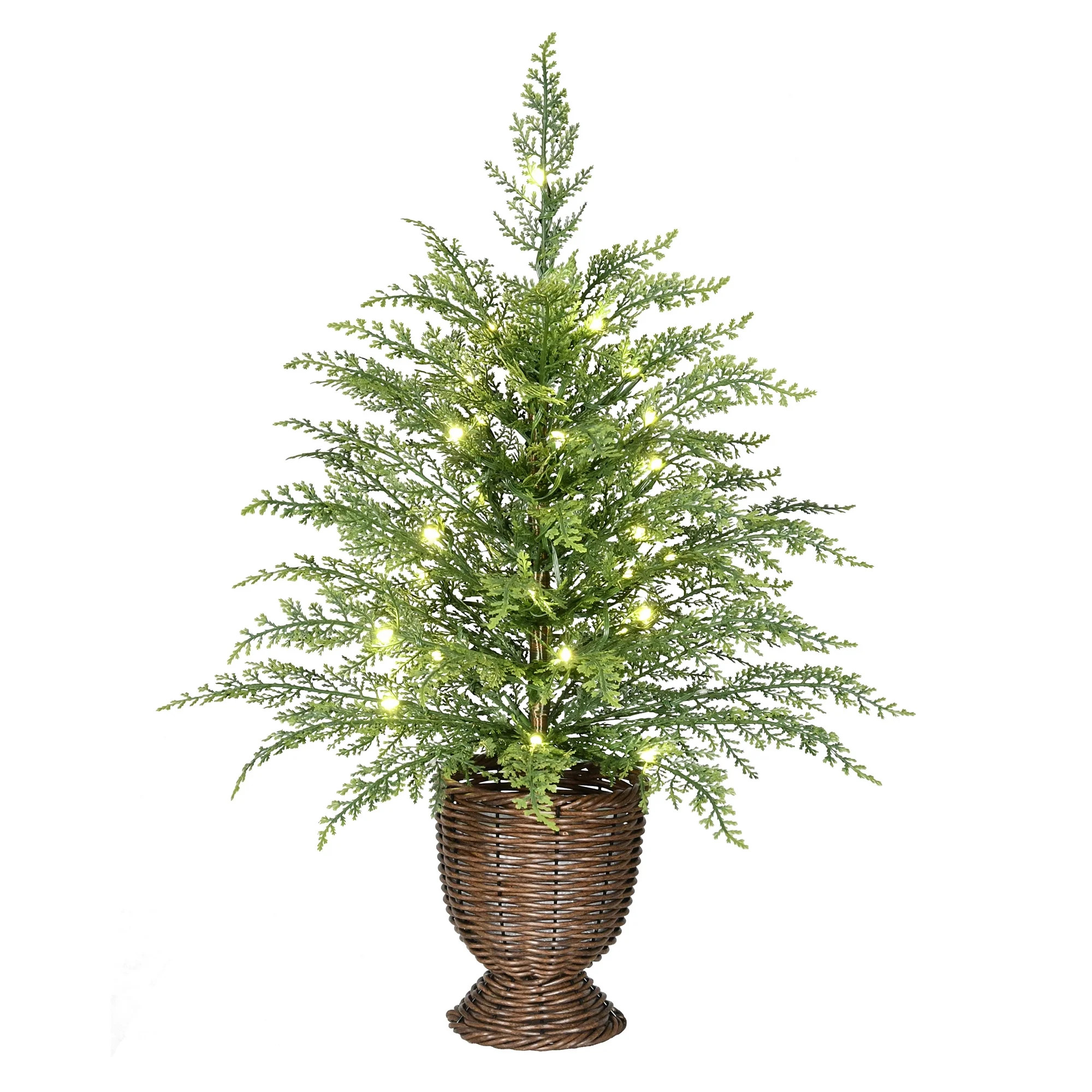 My Texas House 2' Small Pre-Lit Cypress Green Artificial Christmas Tree with 30 Warm White Twinkle LED Lights in Woven Basket | Walmart (US)