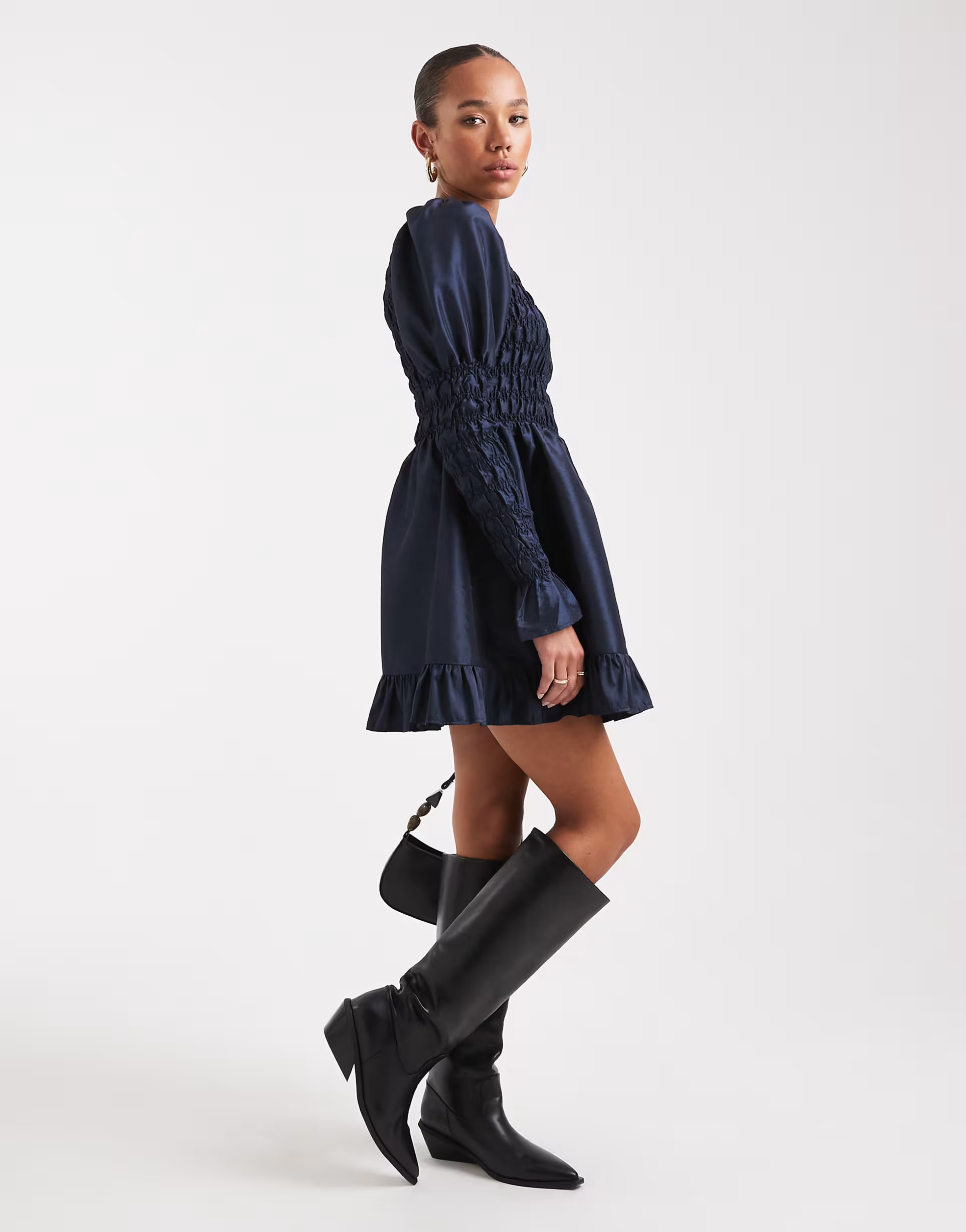 Daisy Street shirred volume sleeve mini dress in navy taffeta | ASOS (Global)