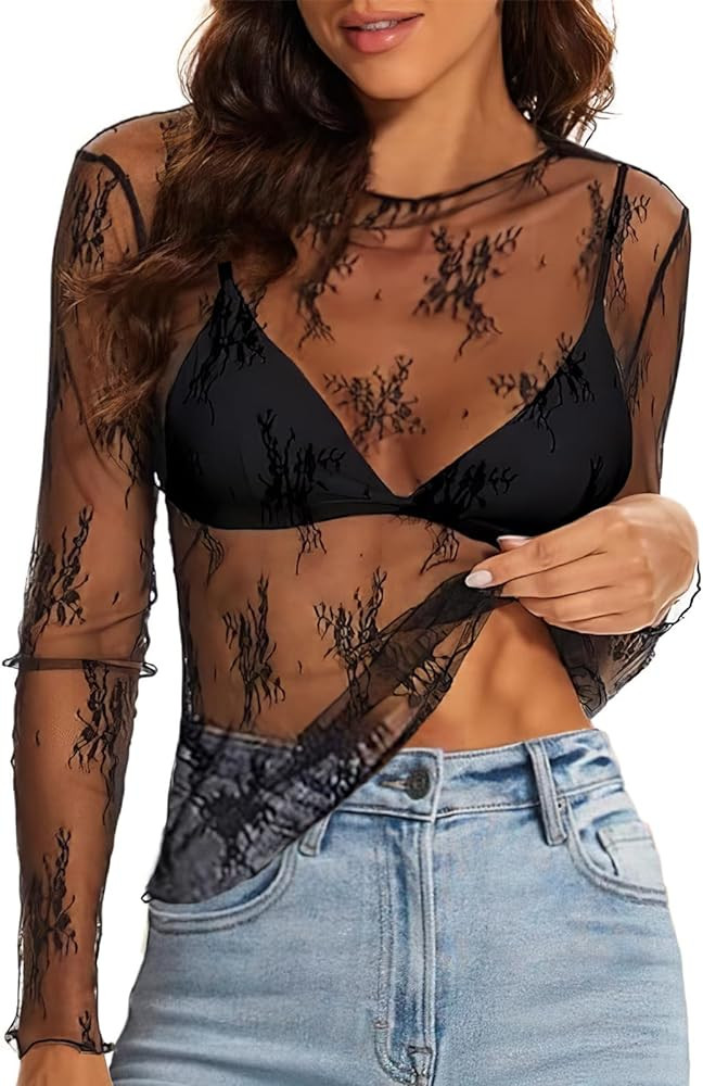 WIHOLL Womens Mesh Sheer Tops Sexy Crew Neck Summer Loose FIt Party Clubwear Shirts | Amazon (US)