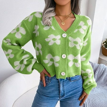 Daznico Jackets for Women Womens Casual Long Sleeve Cable Knit Open Front Loose Flower Sweater Cardigan Coat Outerwear Green L | Walmart (US)
