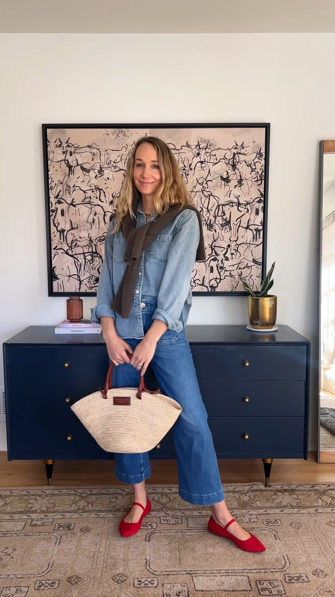 Denim shirt, cropped denim, red ballet flats, Mary Jane flats, straw tote, cashmere sweater 