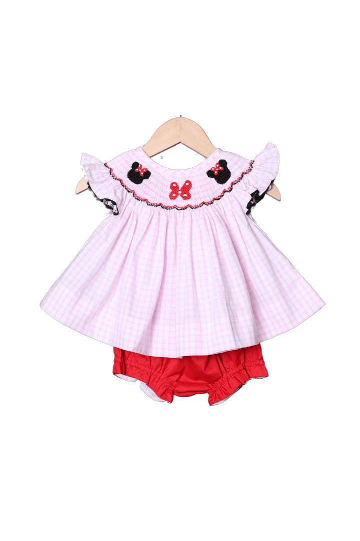 Smocked Mouse and Bow Windowpane Bloomer Set | The Smocked Flamingo