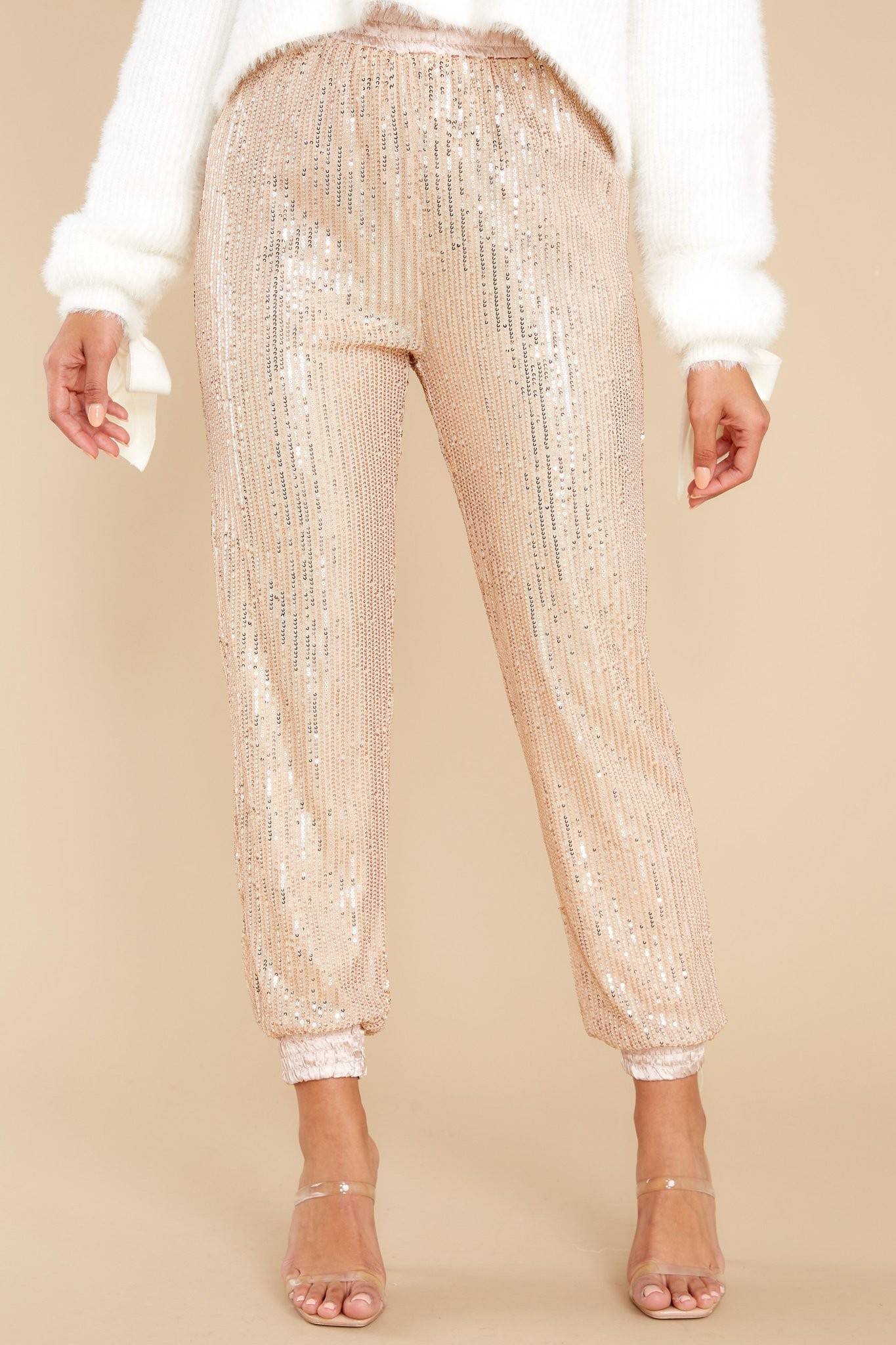 Sparkle With Me Champagne Satin Trim Sequin Joggers | Red Dress 