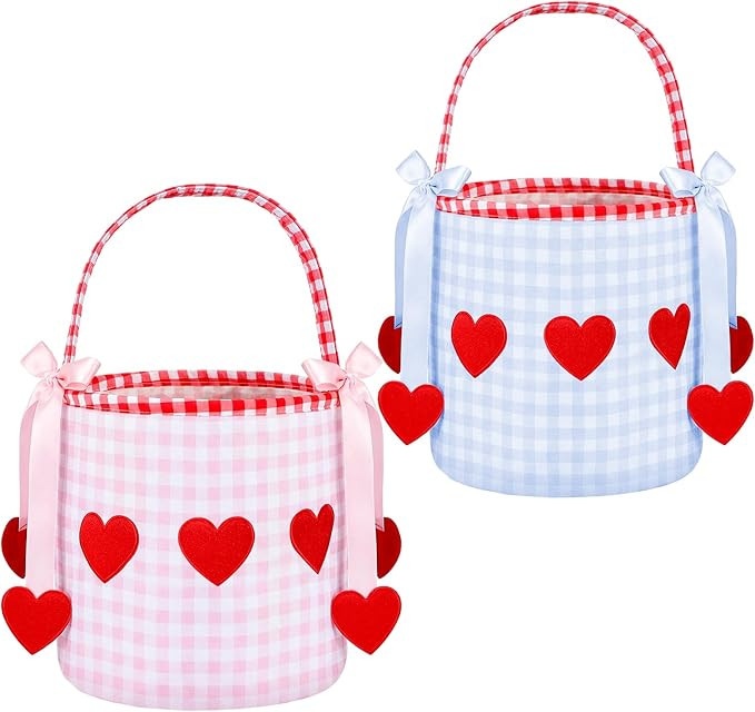 2 Pcs Valentine Gift Bucket Tote Bags Pink Treat Bag with Handles Red Heart Ribbon Bows Reusable ... | Amazon (US)