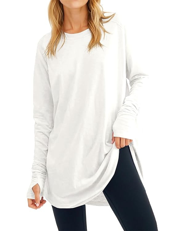 Fisoew Women's Casual Long Sleeve Tops Crew Neck Round Hem Loose T-Shirts Tunic Tops with Thumb H... | Amazon (US)