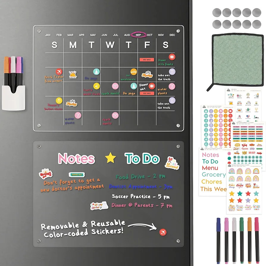 Our Happy Nest Set of 2 Clear Acrylic Calendar for Fridge Monthly Dry Erase Board Calendar & Memo... | Amazon (US)