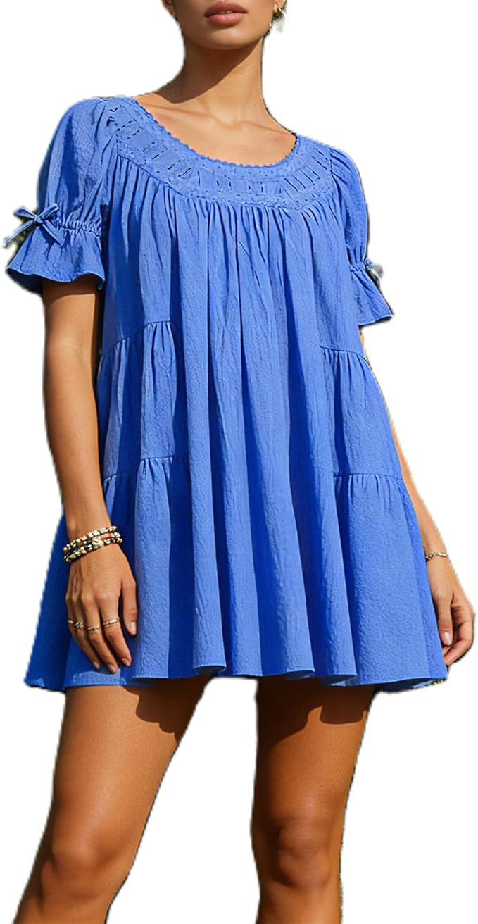 Women's Flowy Babydoll Mini Dress Puff Short Sleeve Ruffle Scoop Neck Casual Summer Daily Outfits... | Amazon (US)