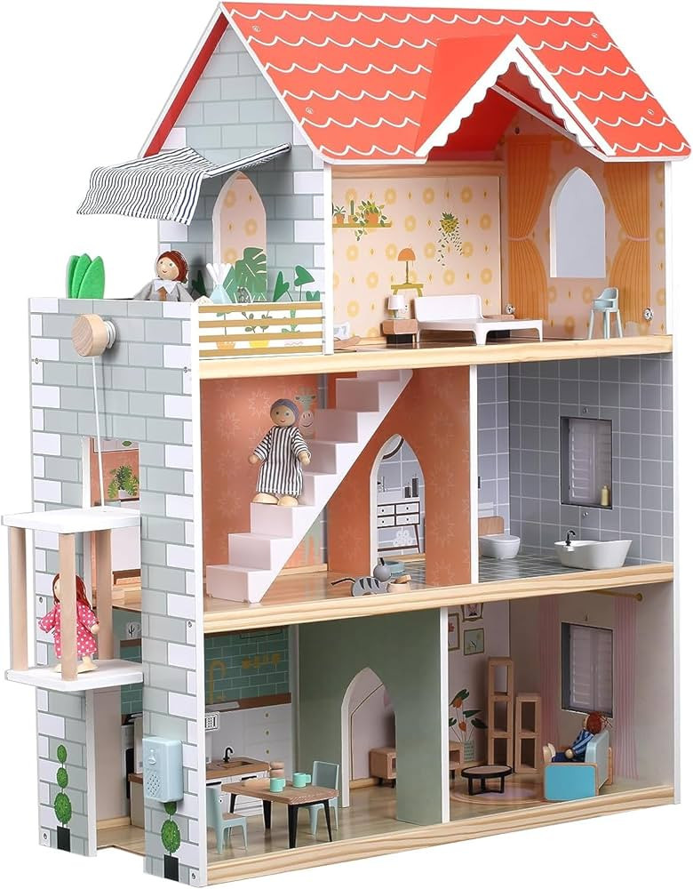 Giant bean Red Roof Wooden Dollhouse and Furniture Set for Girls, 2.6 feet High with Elevator, Do... | Amazon (US)