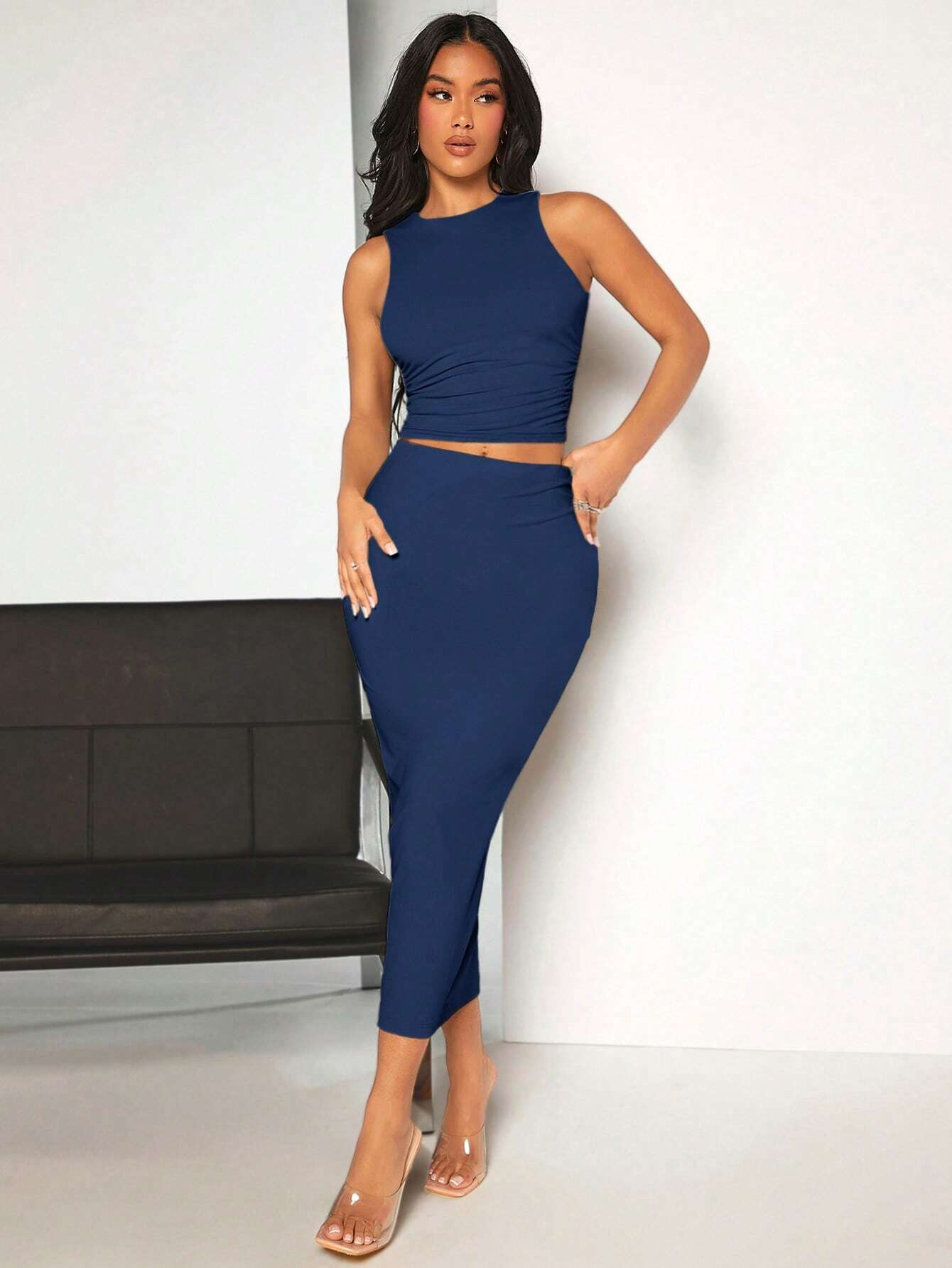 SHEIN BAE Solid Crop Tank Top & Pencil Skirt | SHEIN