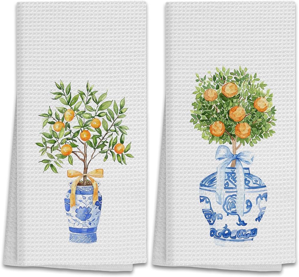 Chinoiserie Decor Towels Set of 2, Blue and White Porcelain Dish Towels, Green Orange Tree Hand T... | Amazon (US)