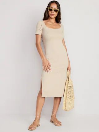 Fitted Rib-Knit Scoop-Neck Midi Dress for Women | Old Navy (US)