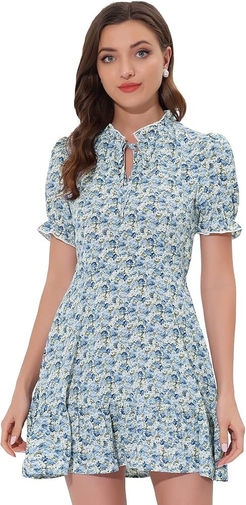 Allegra K Women's Ruffle Dress 2023 Summer Chiffon Tie Neck Puff Short Sleeve Floral Smock Dress | Amazon (US)