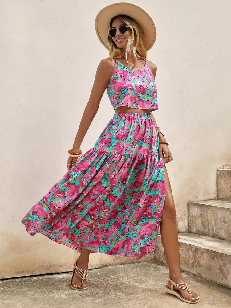 New
     
      EMERY ROSE Allover Floral Print Cami Top & Split Thigh Ruffle Hem Skirt | SHEIN