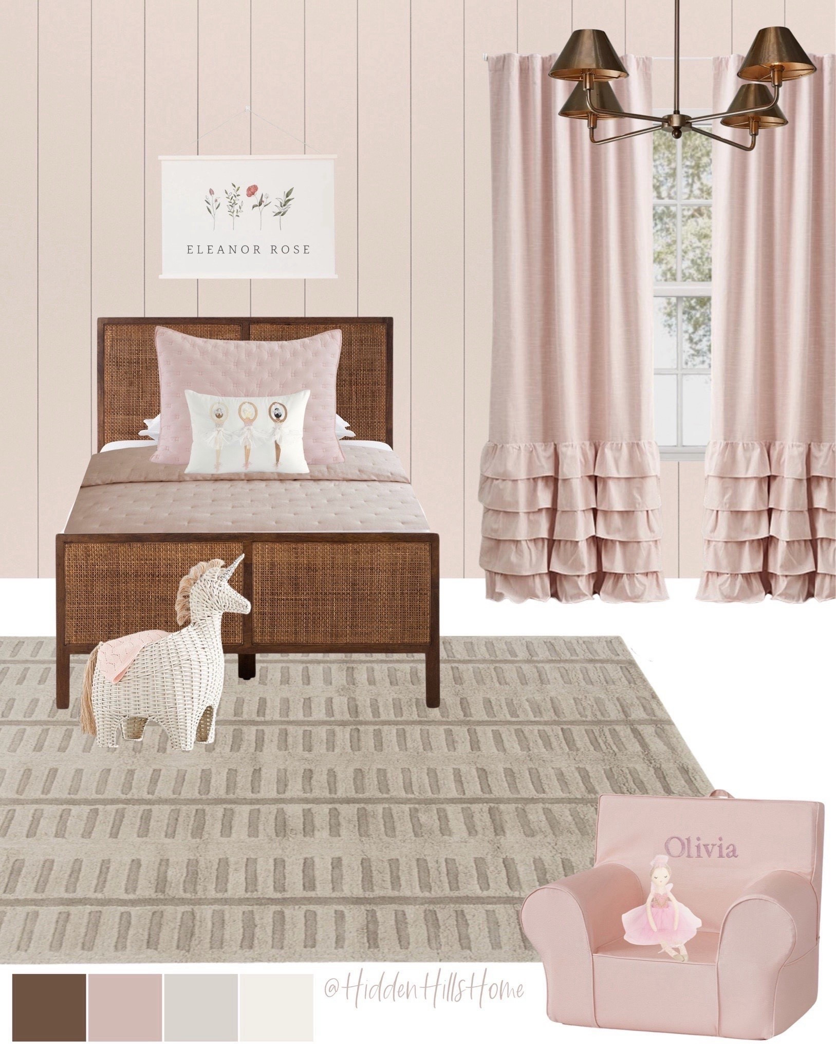 Little girls bedroom mood board, pink girls room design ideas, girls bedroom decor, modern transitional girls bedroom #girls