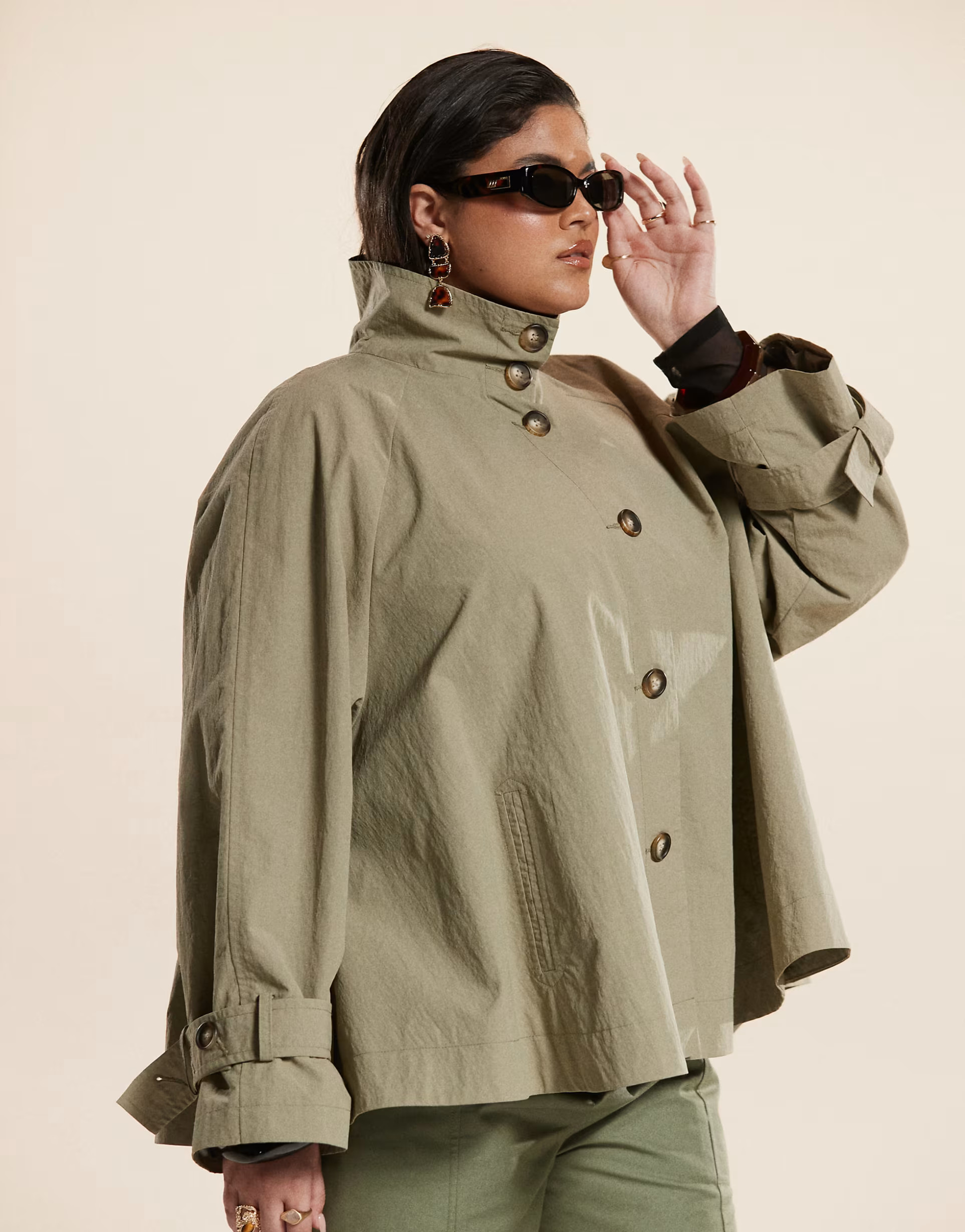 ASOS DESIGN Curve funnel neck cape back trench in olive | ASOS (Global)