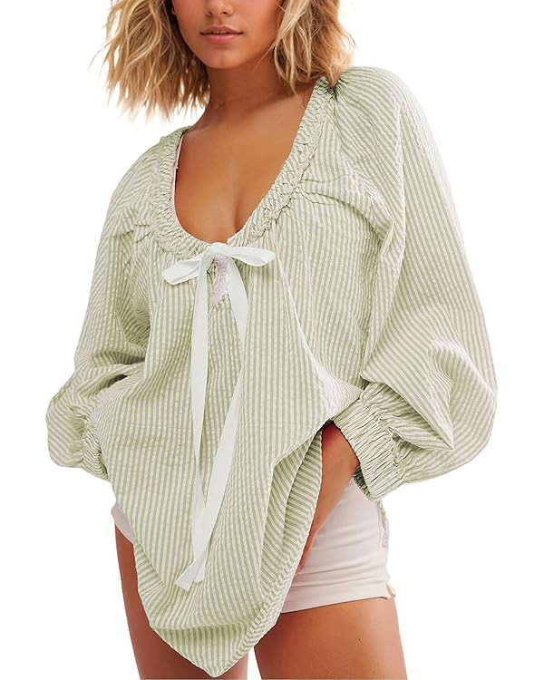 MISSACTIVER Striped Oversized Blouses for Women Long Sleeve Scoop Neck Bow Tie Front Shirts Casua... | Amazon (US)