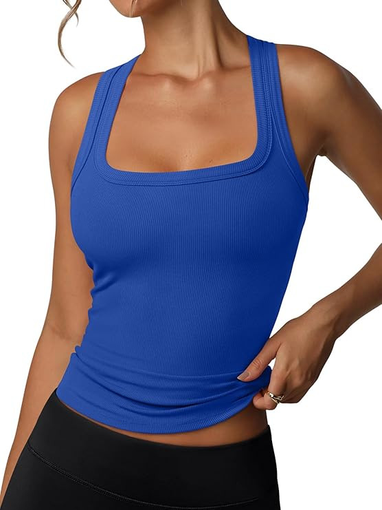 REORIA Built in Bra Tank Tops for Women Summer Sleeveless Racerback Square Neck Casual Basic Ribb... | Amazon (US)