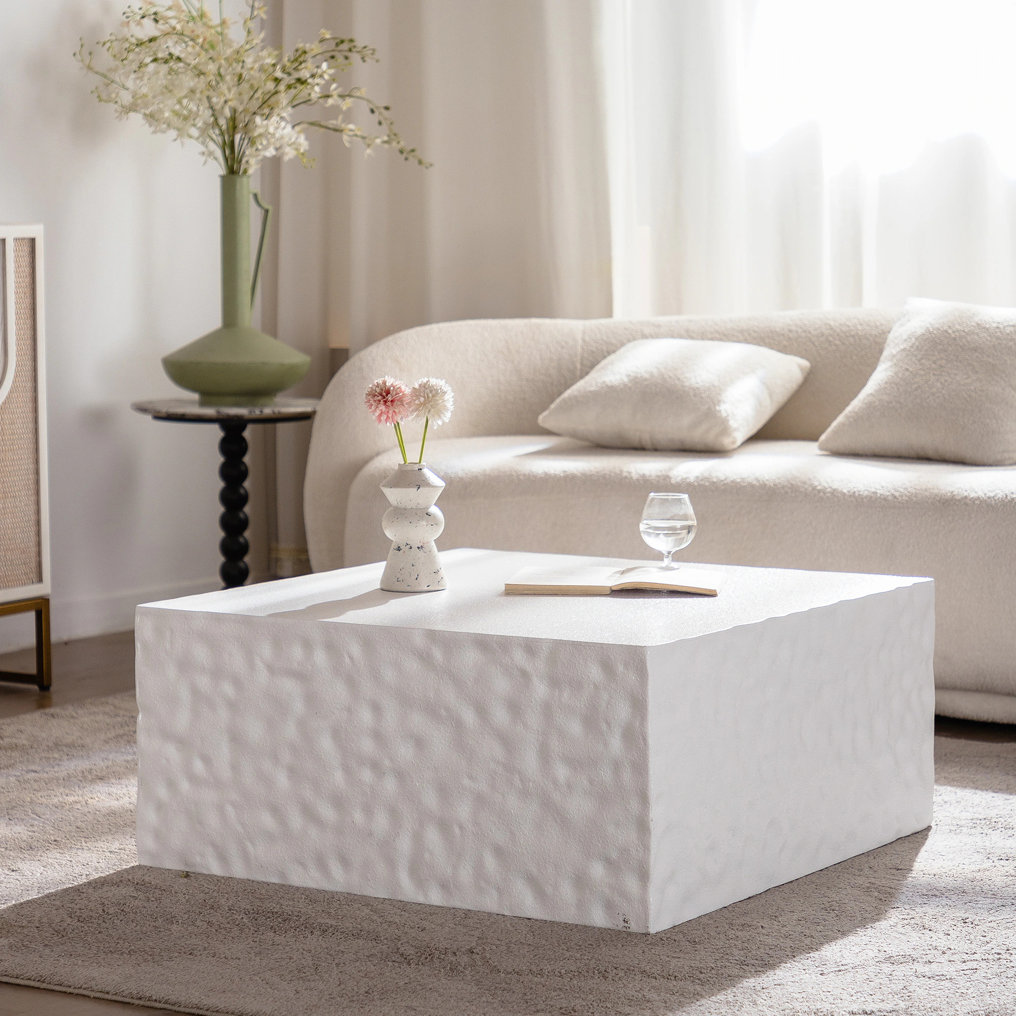 GDFStudio Indoor Modern Wood 27.55-in Square Coffee Table for Living Room with Sculpted Textured Finish No Assembly Required for Living Room Creamy | Lowe's