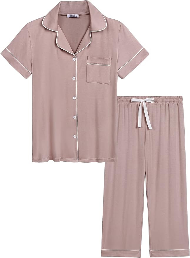 Joyaria Women Capri Pajamas Set Bamboo Viscose Pjs Short Sleeve Button Down Sleepwear | Amazon (US)
