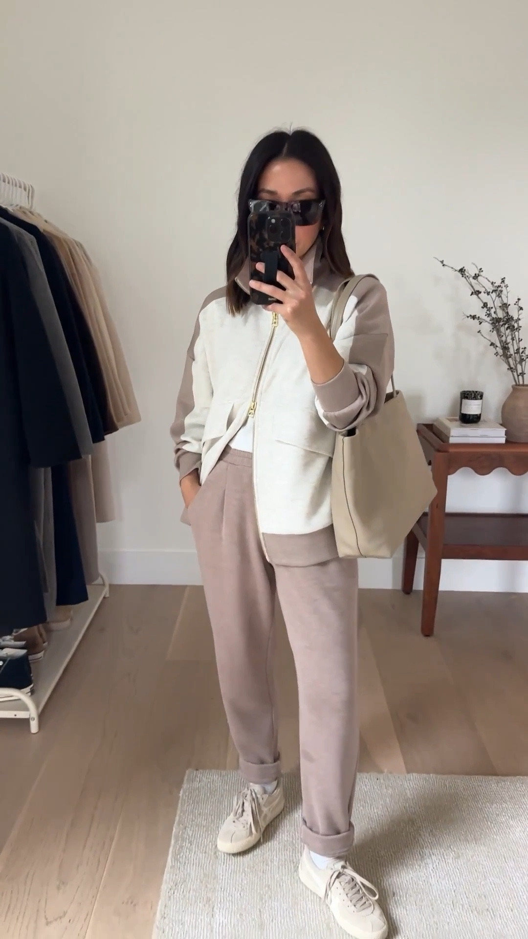 New Varley two toned jacket. Pairs perfectly with Ivory marl and taupe marl. 

Varley jacket xs
Varley rolled cuff pants xs 26” inseam
Cuyana easy tote small. Stone
Onitsuka Tiger sneaker s4 mens
Celine sunglasses 

Petite style, athleisure 

#LTKSeasonal #LTKActive #LTKPetite