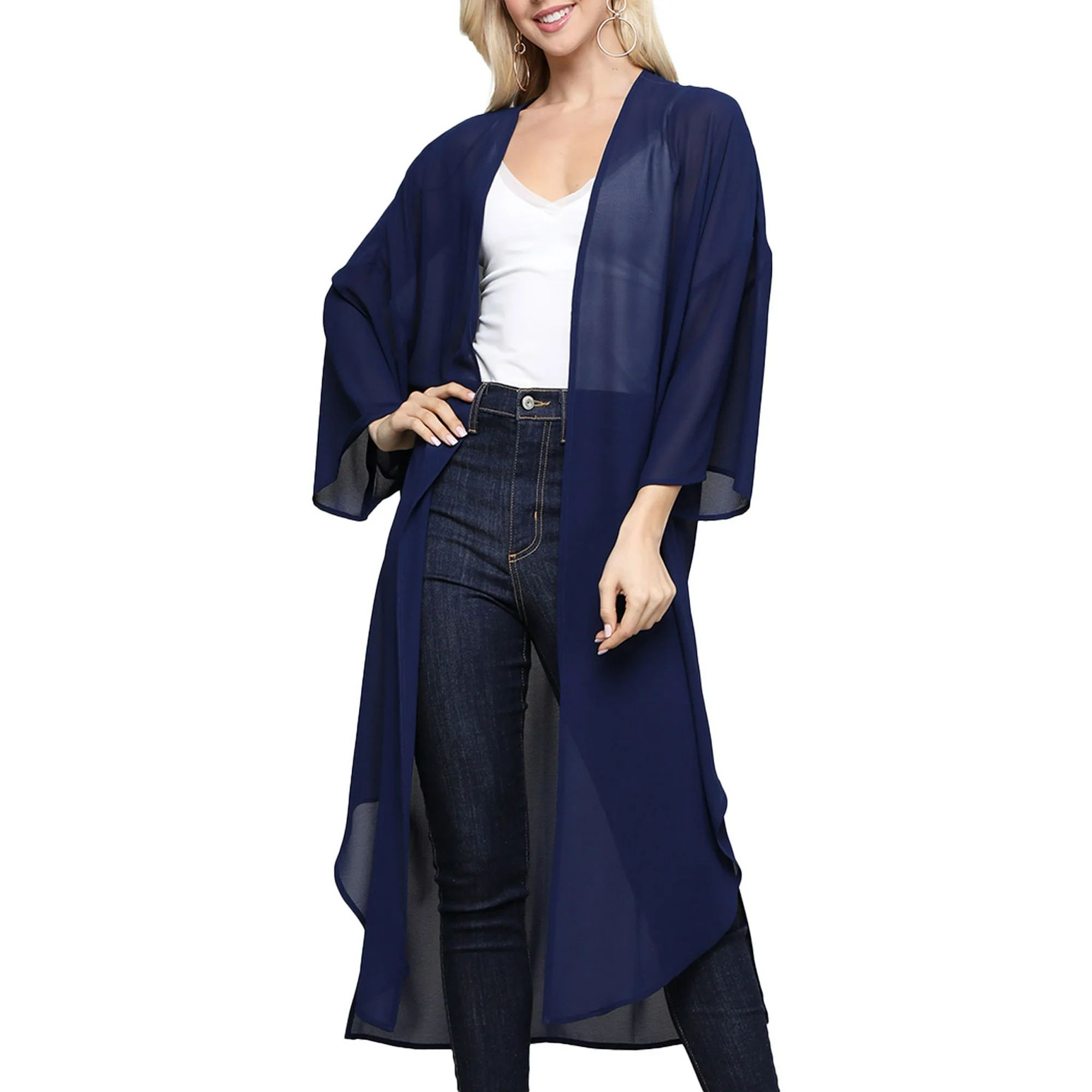 Doublju Women's 3/4 Sleeve Long Chiffon Kimono Cardigan. Plus Size Available. | Walmart (US)
