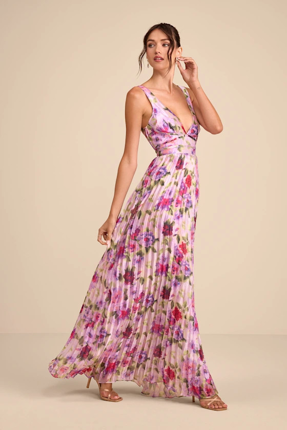 Morgana Pink Multi Floral Satin Pleated Maxi Dress | Lulus