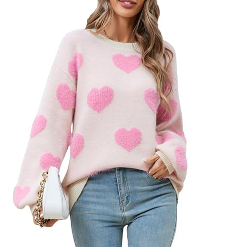 Women's Cute Heart Sweater Love Print Valentines Day Knitted Top Casual Crewneck Long Sleeve Sweaters Pullover(Jumper Apricot Red,M) | Amazon (US)