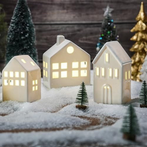 Ceramic Christmas Village Houses, 3Pcs Small White Christmas Houses with 3Pcs Xmas Trees, Light Up Village House Set for DIY, Winter Holiday Home Decor, Tabletop Centerpiece (Battery Operated) | Amazon (US)