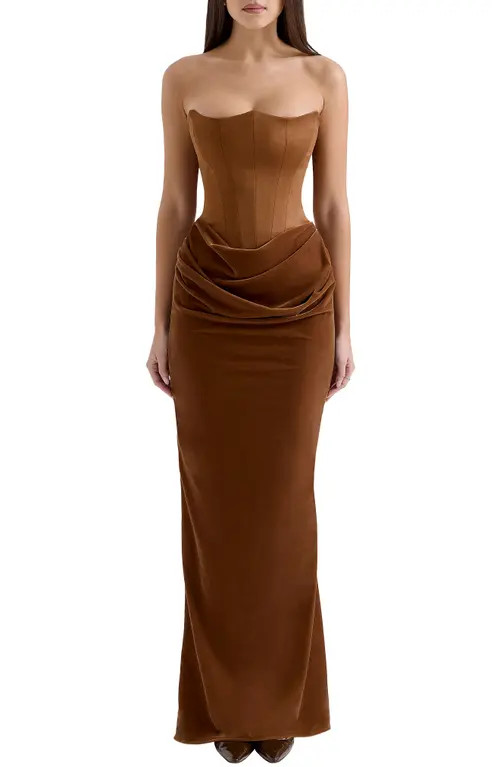 HOUSE OF CB Persephone Strapless Corset Satin & Velvet Gown in Toffee at Nordstrom, Size X-Small A | Nordstrom
