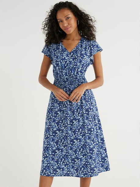 Time and Tru Women's and Women's Plus Smocked Waist Midi Dress with Short Sleeves, Sizes XS-4X | Walmart (US)