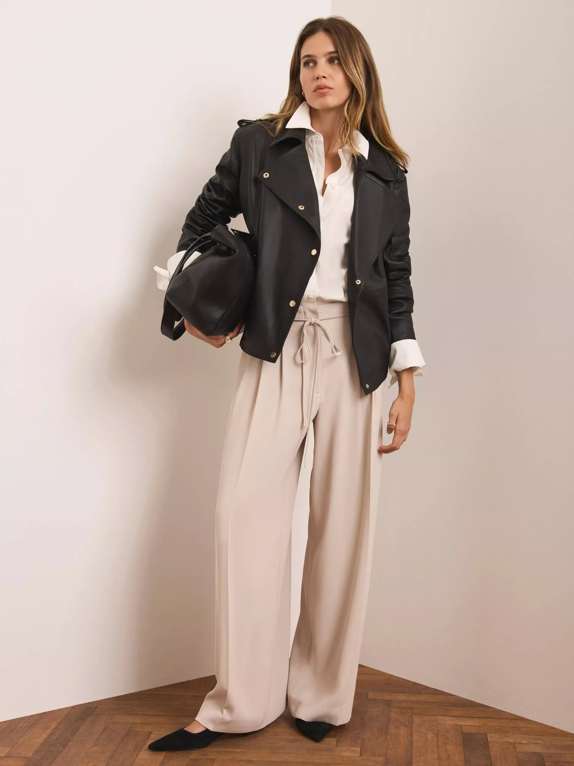 Mint Velvet Tie Waist Wide Leg Trousers, Natural | John Lewis (UK)
