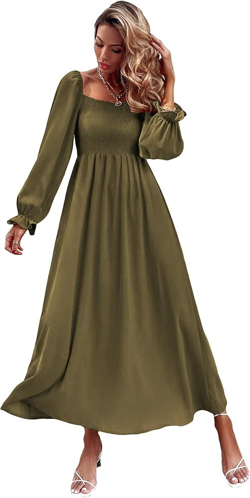Floerns Women's Boho Square Neck Smocked Long Puff Sleeve A Line Maxi Dress | Amazon (US)