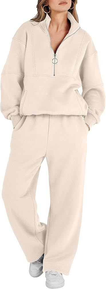 ANRABESS Women 2 Piece Outfits Sweatsuit Set 2023 Fall Oversized Half Zip Sweatshirt Wide Leg Swe... | Amazon (US)