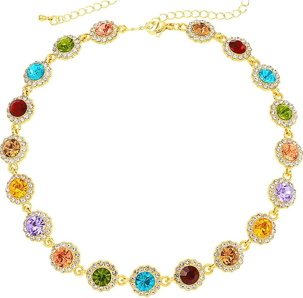 JEAIRTS Colorful Crystal Choker Necklace Gold Rhinestone Rainbow Necklace Jewelry for Women | Amazon (US)